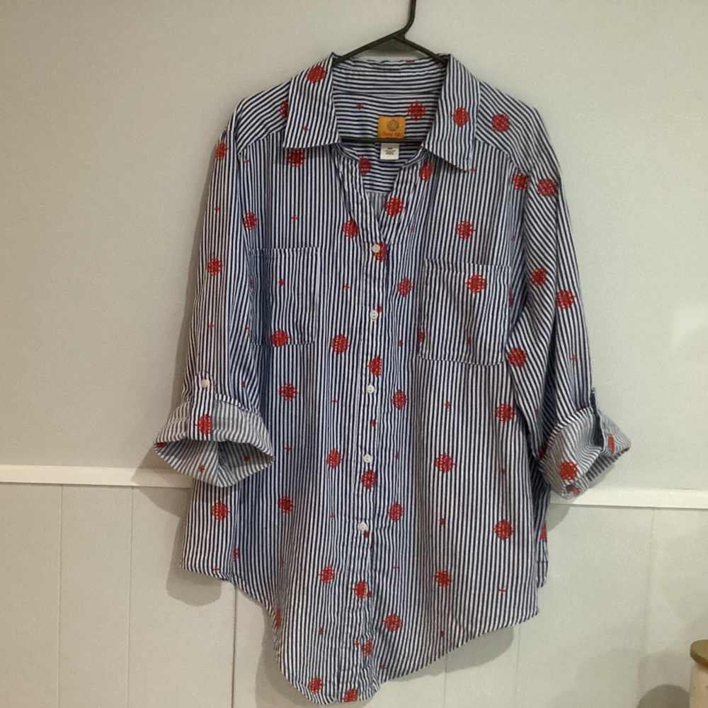 Ruby Rd blue stripe women shirt bottoms down with  embroidered flowers size 3X